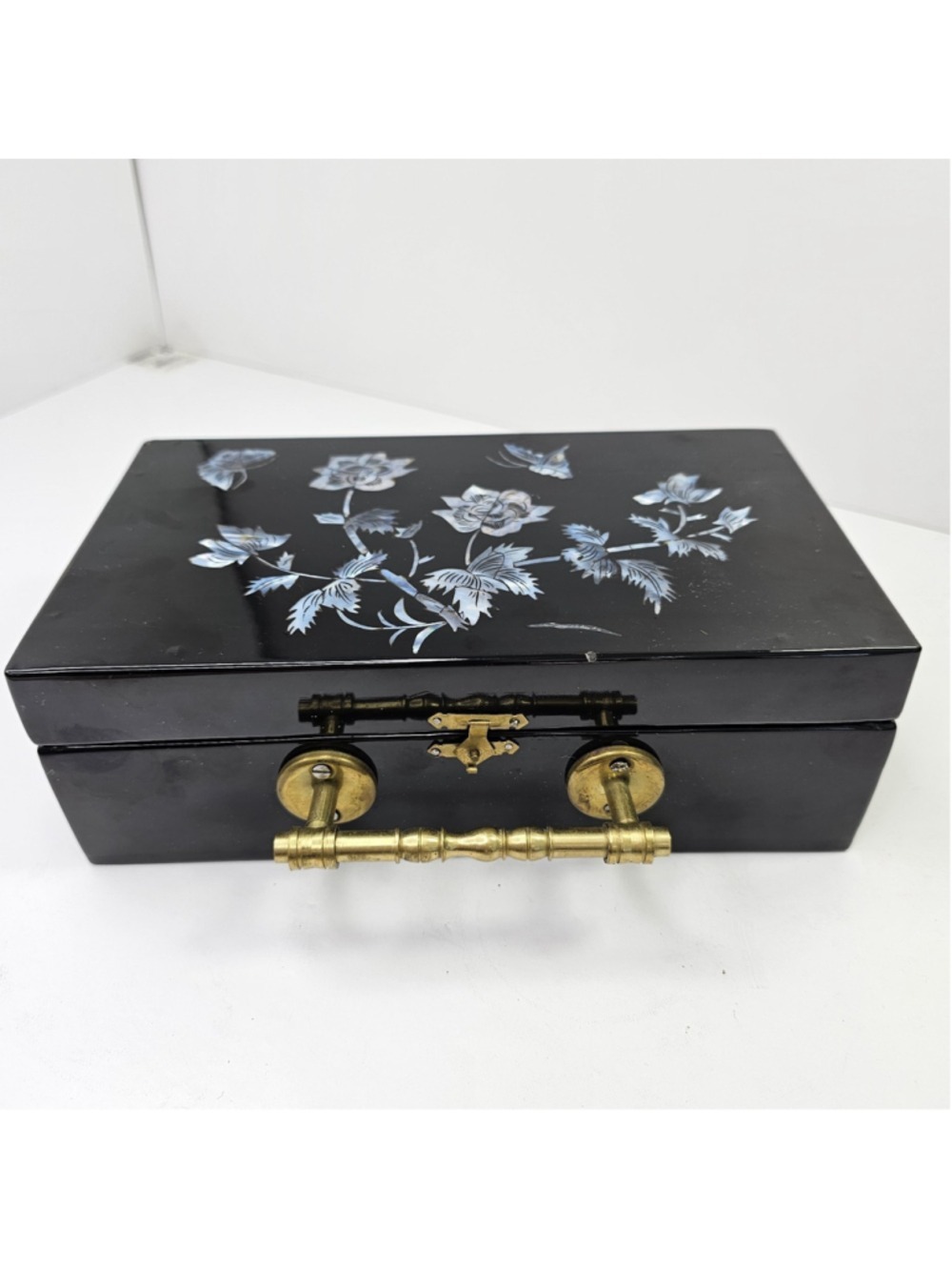 Vintage Asian Black Lacquer Jewelry Box Mother of Pearl Inlay Mirror Brass...
